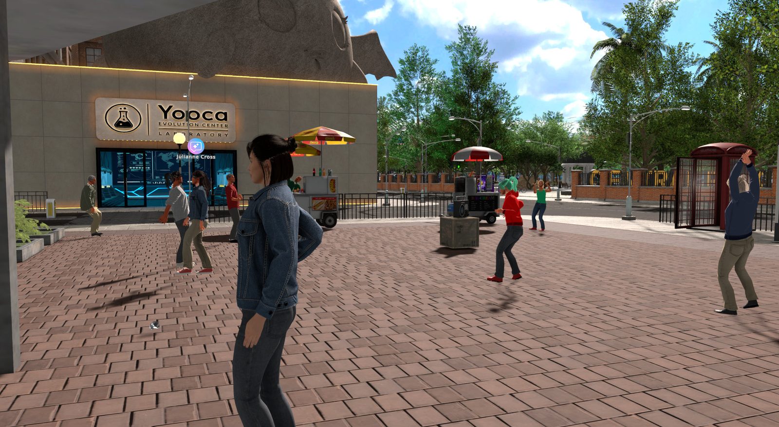 Players on the plaza outside the Yooca building