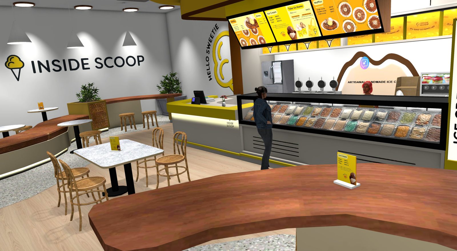 The Inside Scoop gelato counter in Yooca with menu screens above