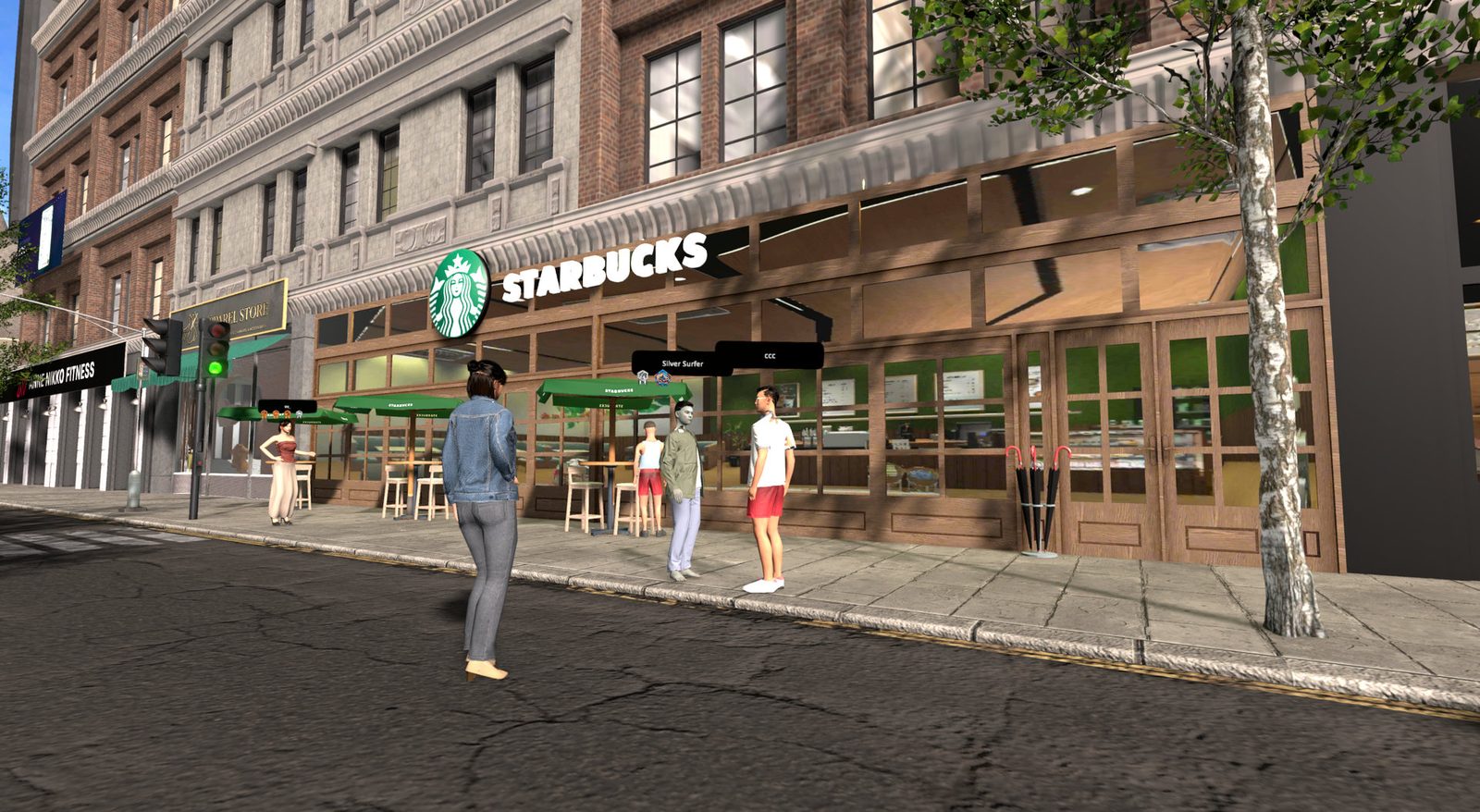Players outside the Starbucks storefront on a city street in Yooca: Your Life
