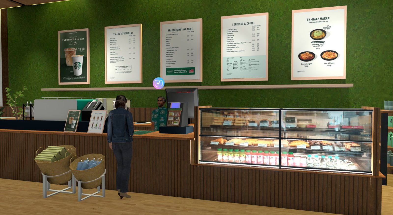 Inside the Starbucks store in Yooca, with menu boards and a display counter